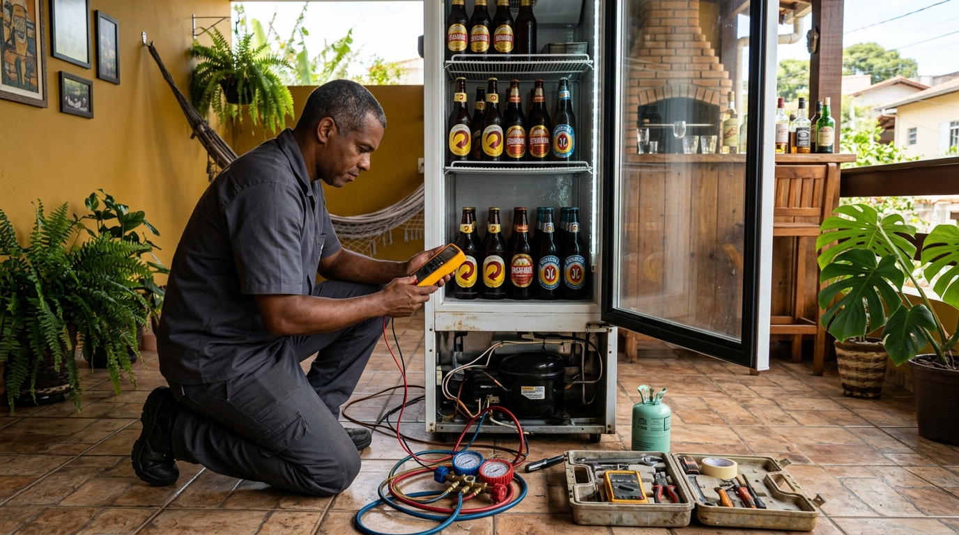 Placa eletrônica de cervejeira em reparo na bancada em Blumenau‑SC