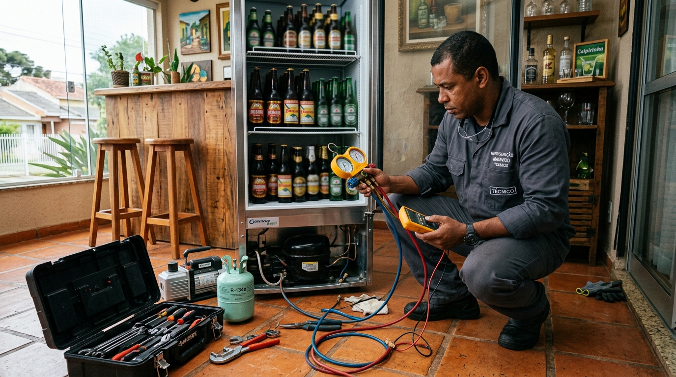 Técnico revisando o motor de uma cervejeira durante chamado em Blumenau‑SC