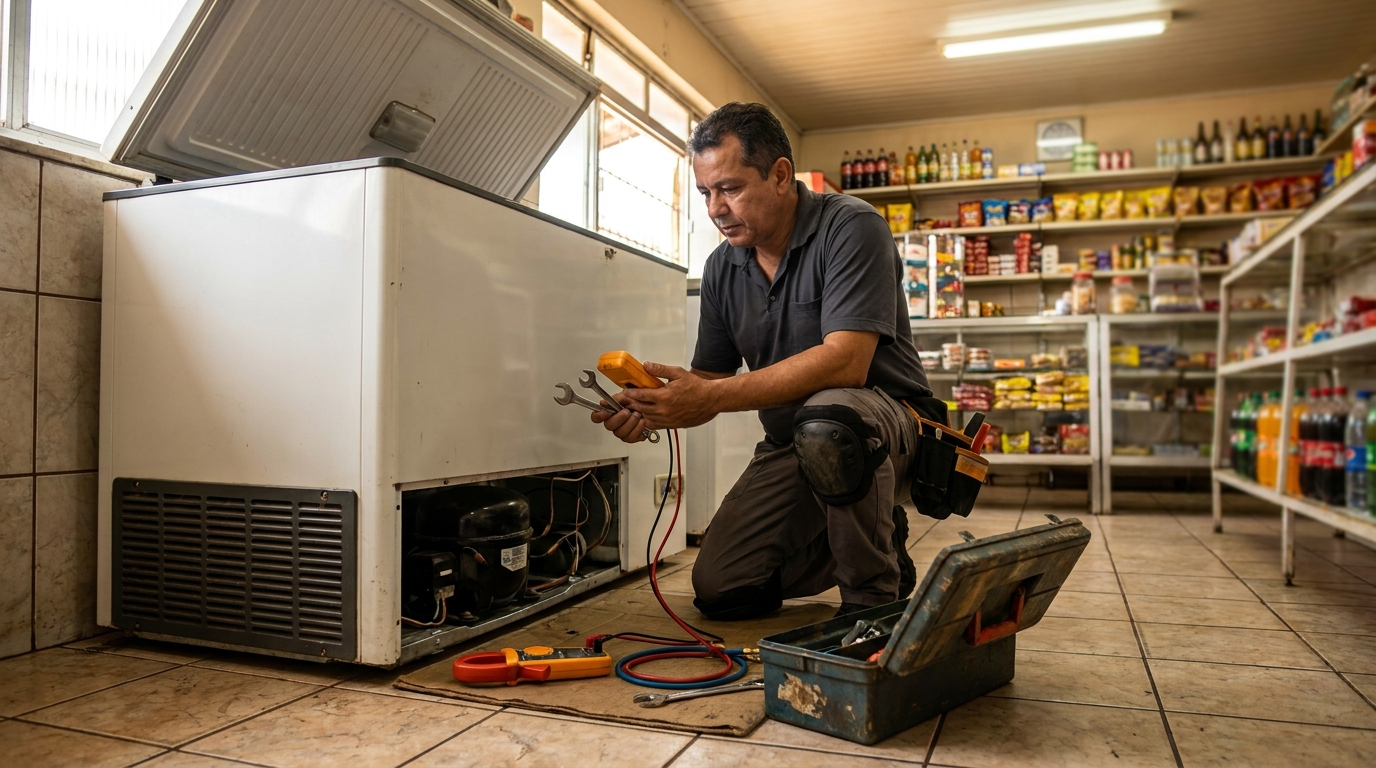 Técnico reparando o motor de um freezer horizontal em Blumenau‑SC