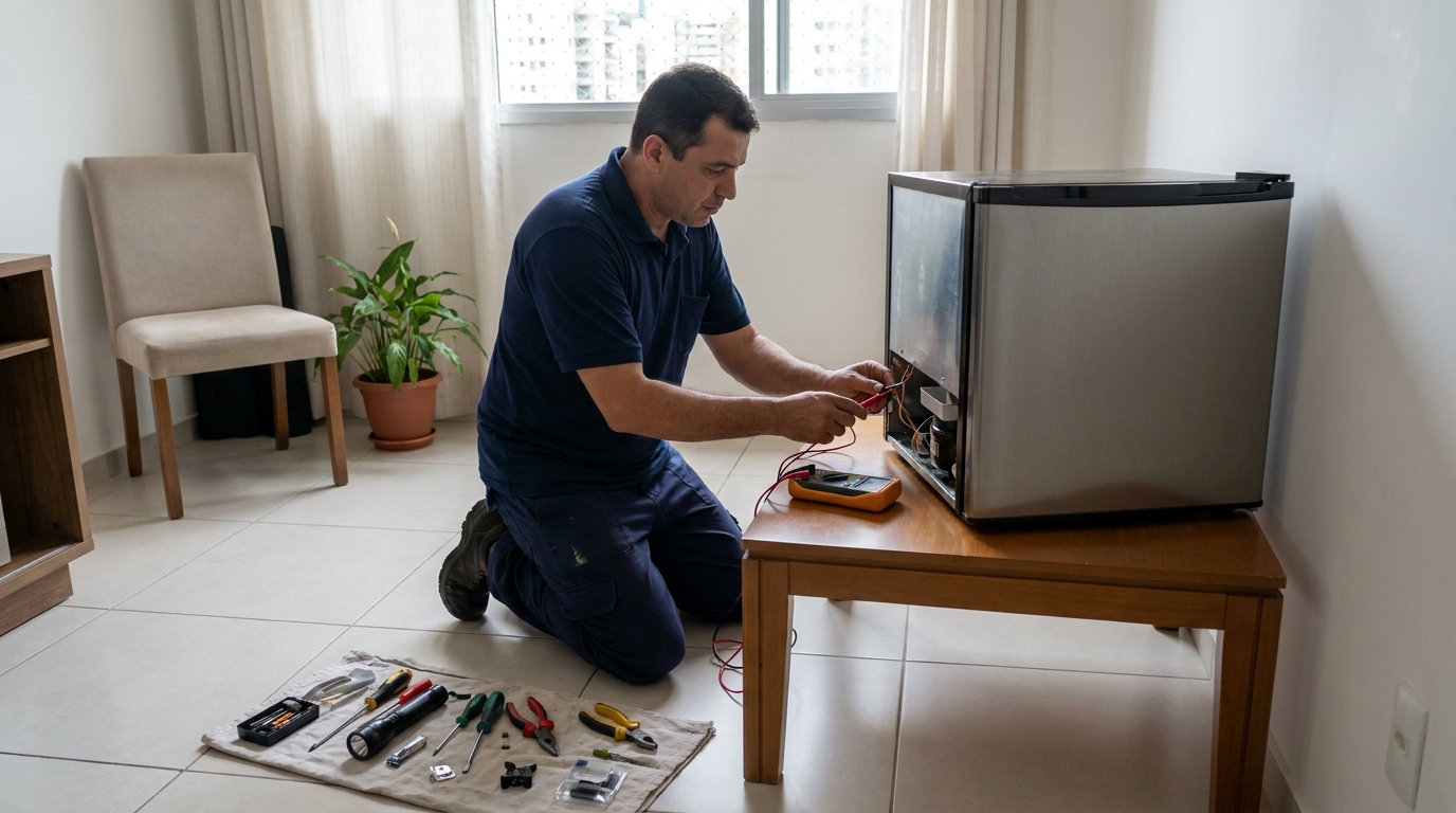 Técnico avaliando um frigobar compacto durante atendimento em Blumenau‑SC